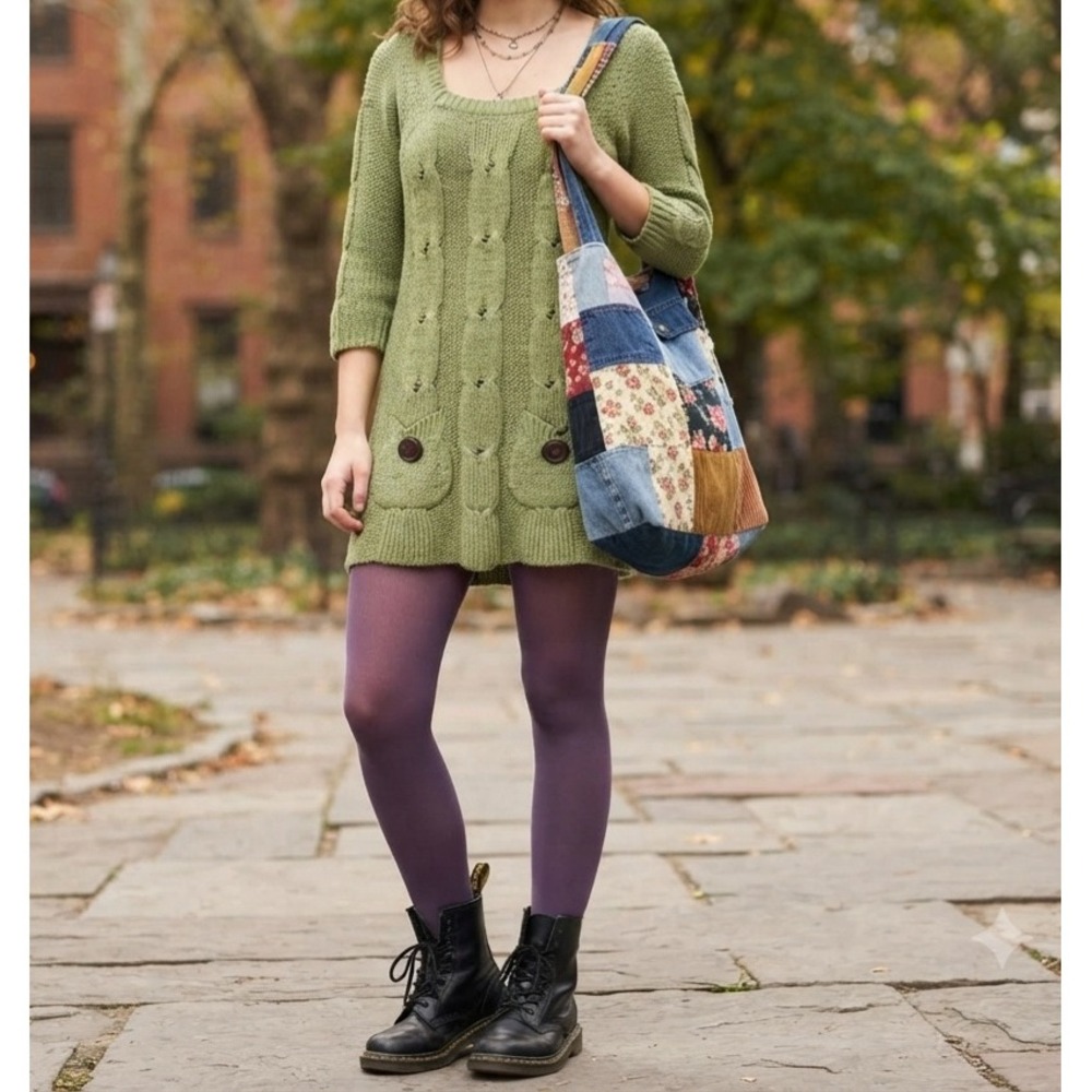 Y2k Glimmer Women's Medium Green Cable Knit Tunic Sweater Dress 3/4 Sleeve boho